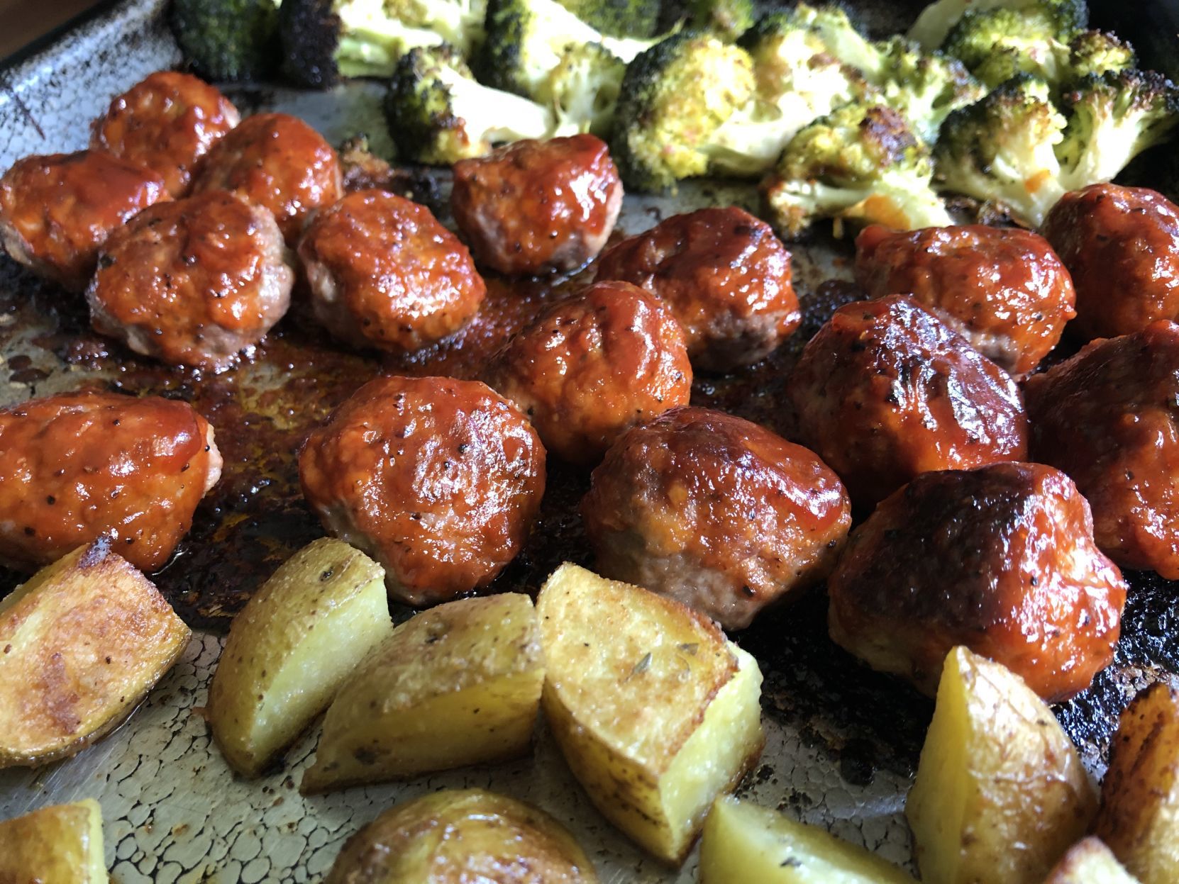 Sheet Pan BBQ Meatballs, Broccoli and Potatoes